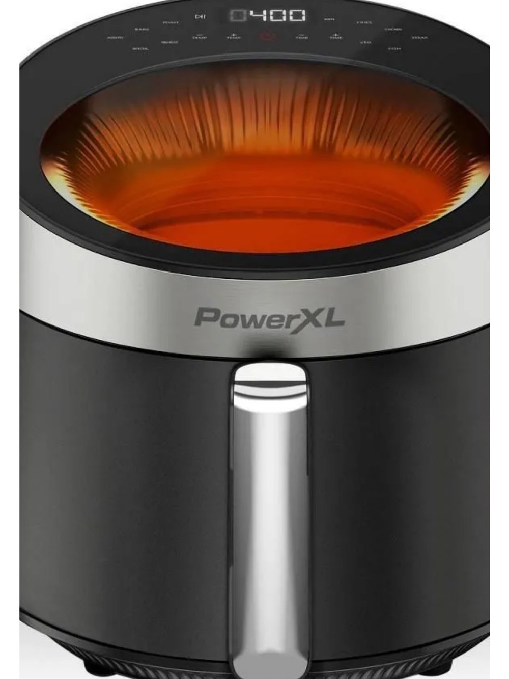 PowerXL Black and Silver Air Fryer with Orange Interior Glow